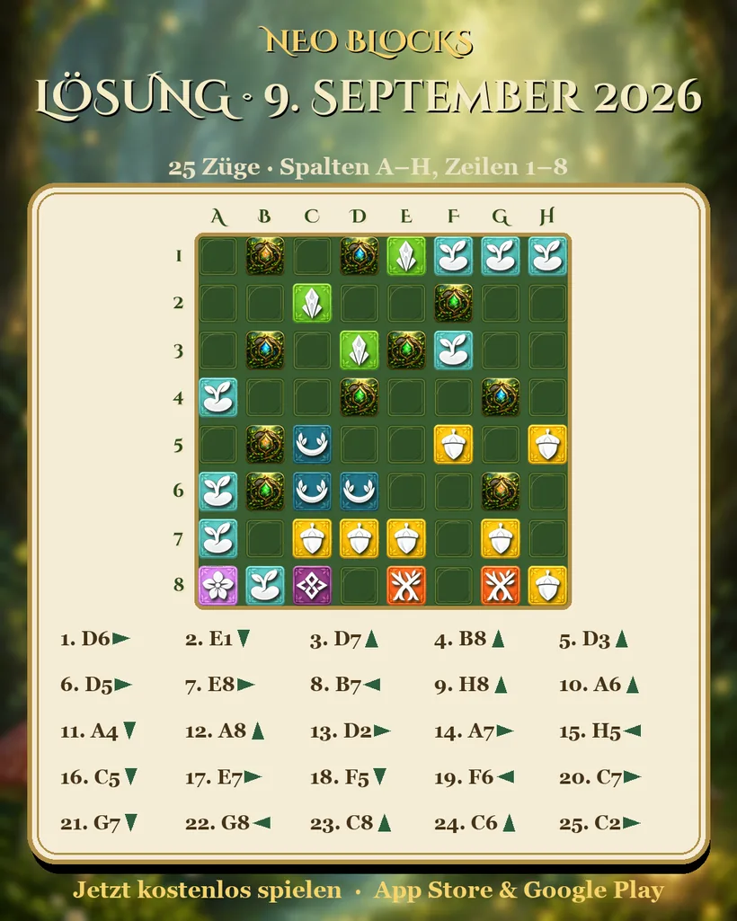 Lösung des NEO Blocks Tagesrätsels vom 9. September 2026